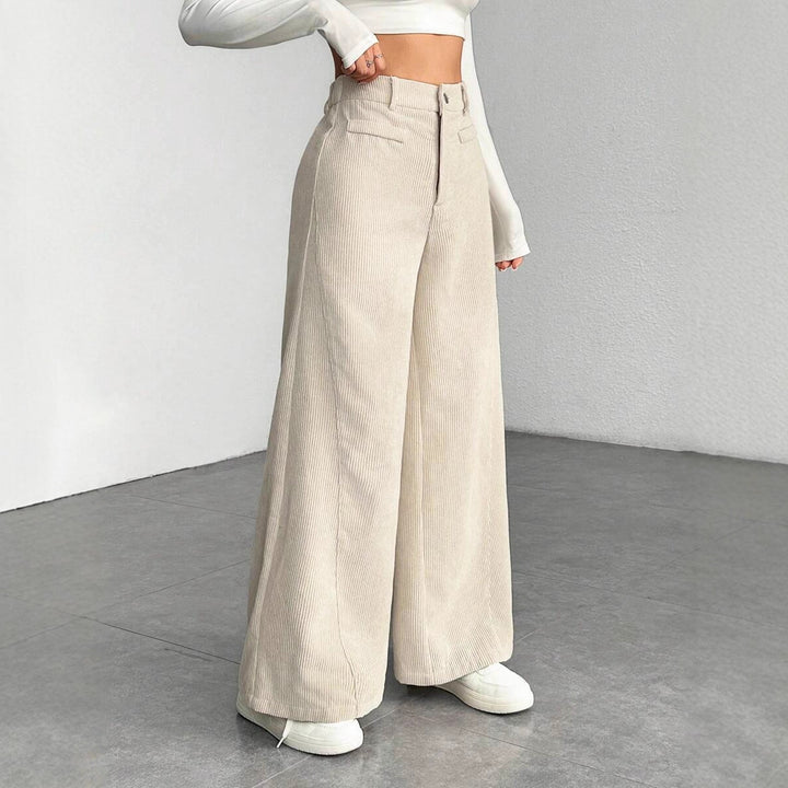 Women's High-Waisted Pleated Palazzo Pants with Button and Zipper Closure Drune