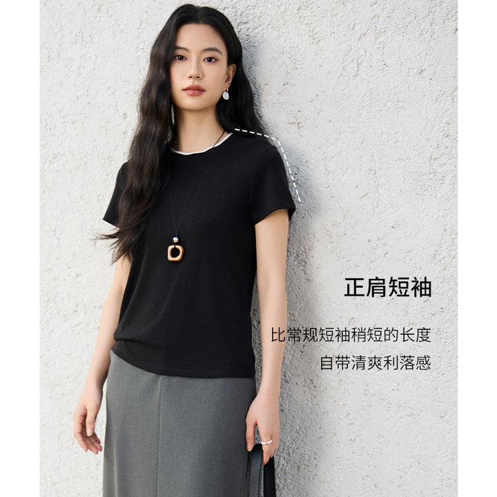 Women's fine ribbed short sleeve T-shirt made of stretchy cotton-modal with round neck Mune Fashion