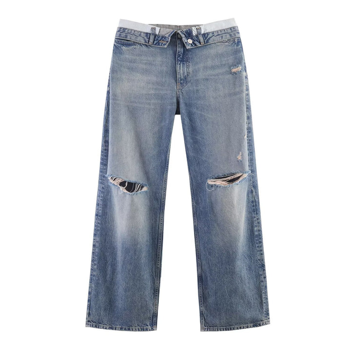 Ladies Wide-Cut Destroyed Jeans with Low Rise and Straight Leg Mune Fashion
