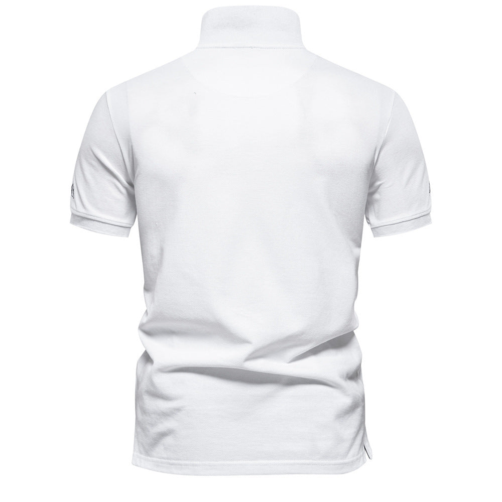 Men's nan casual polo with short button placket, embroidered arrow motif panel, and stand-up collar Mune Fashion