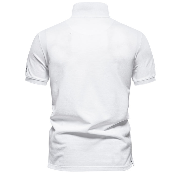 Men's nan casual polo with short button placket, embroidered arrow motif panel, and stand-up collar Mune Fashion