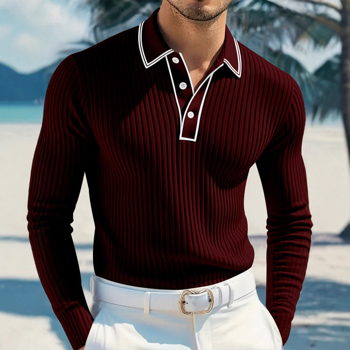 Men's slim-fit ribbed polo shirt with long sleeves, contrasting piping, and fine texture Mune Fashion