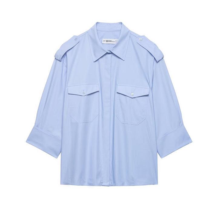 Women’s Oversized Shirt Blouse in Utility Style with Epaulettes and Flap Pockets Mune Fashion