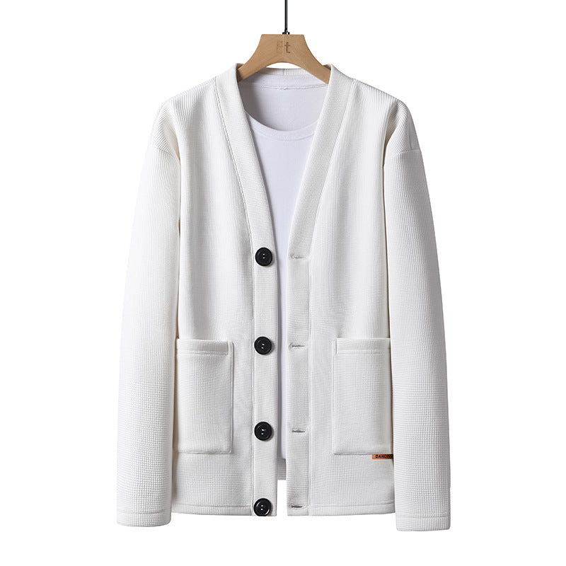Men's lightweight knit cardigan with V-neck, button placket, and patch pockets Mune Fashion