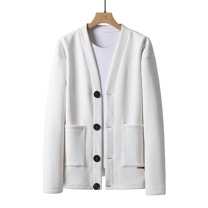Men's lightweight knit cardigan with V-neck, button placket, and patch pockets Mune Fashion