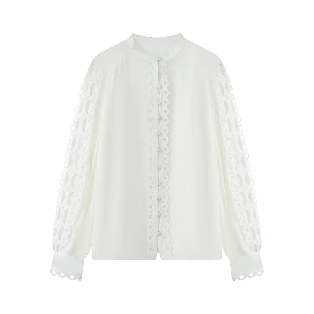 Women nan romantic blouse with lace sleeves, gathered balloon sleeves and decorative button placket Mune Fashion