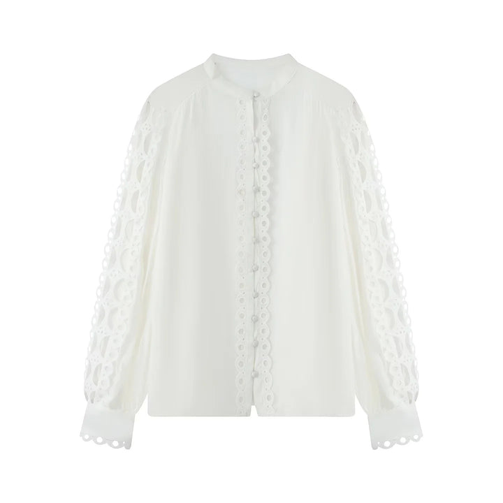Women nan romantic blouse with lace sleeves, gathered balloon sleeves and decorative button placket Mune Fashion
