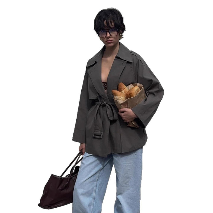 Women Short Trench Coat with Tied Belt and Oversized Sleeves Mune Fashion