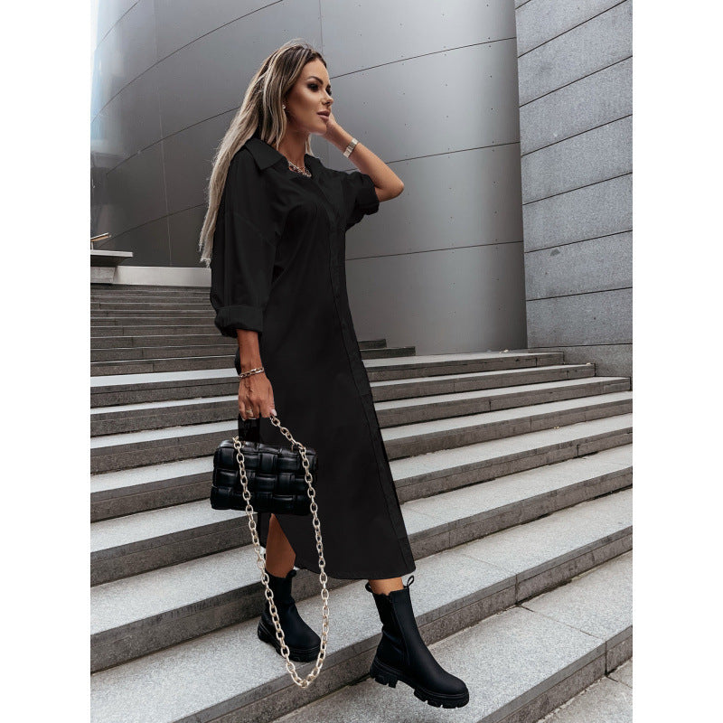 Women's Long Oversized Shirt Dress with Continuous Button Placket, Cuffed Sleeves and Deep Side Slit Mune Fashion