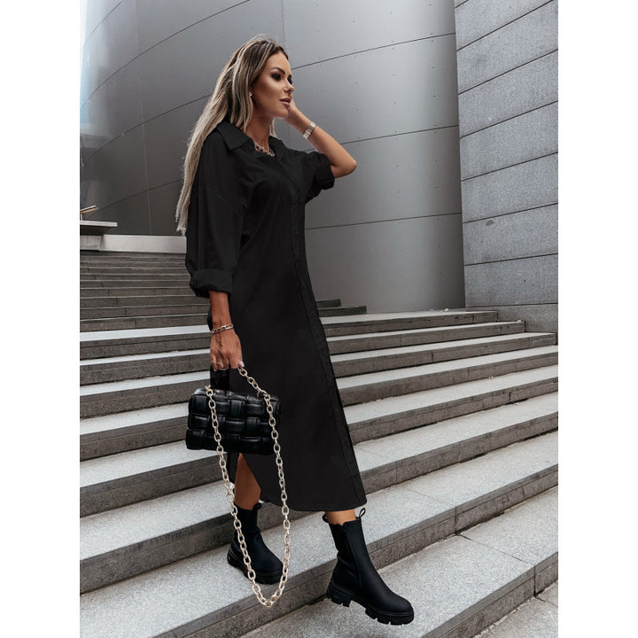 Women's Long Oversized Shirt Dress with Continuous Button Placket, Cuffed Sleeves and Deep Side Slit Mune Fashion
