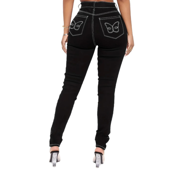 Women's High-Cut Sculpting Skinny Jeans with Contrasted Seam Design and Butterfly Embroidery Mune Fashion