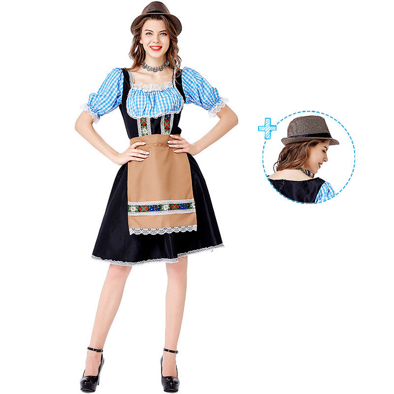 Women’s folkloric Oktoberfest costume in dirndl style with Carmen blouse, laced bodice, and embroidered apron Mune Fashion