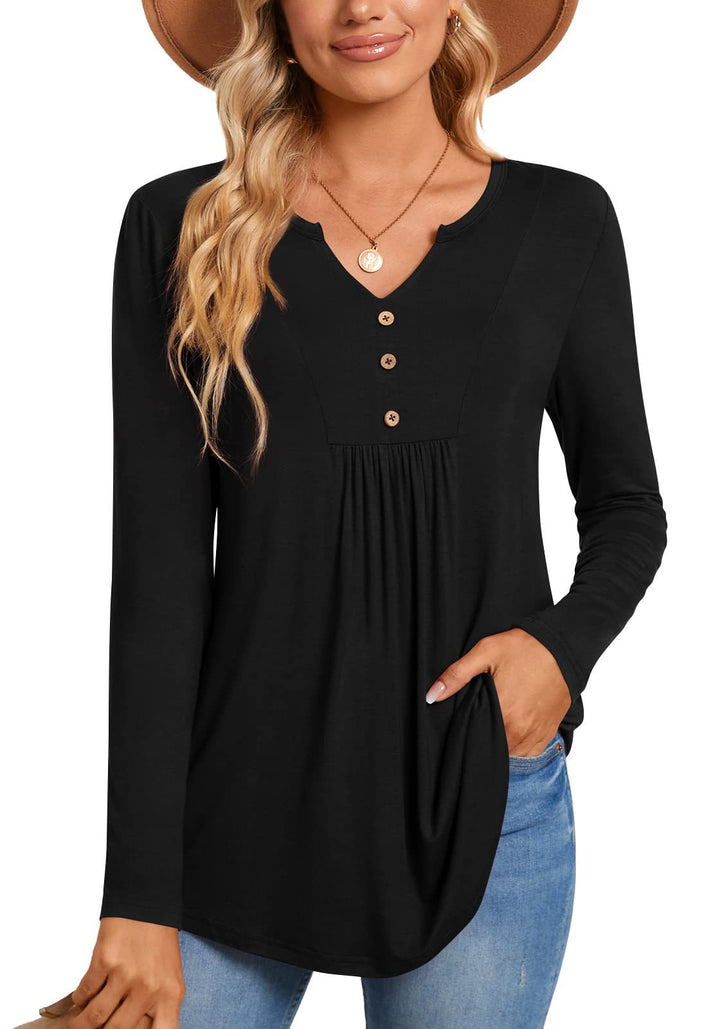 Women's Long Sleeve V-Neck Tunic with Button Placket, Gathering, and Side Pocket Mune Fashion