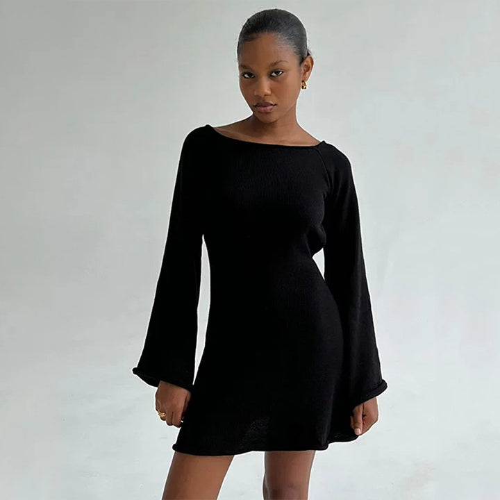 Ladies Figure-Hugging Fine Knit Mini Dress with Flared Trumpet Sleeves Mune Fashion