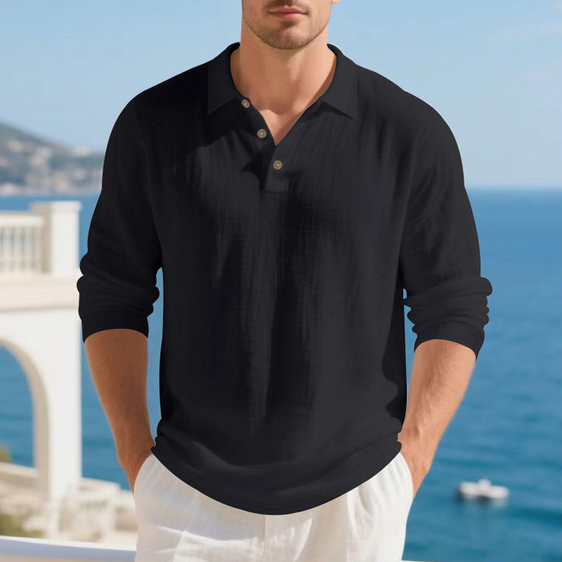 Men's Musselin Long Sleeve Polo Shirt with Collar, Short Button Placket and Natural Button Look Mune Fashion