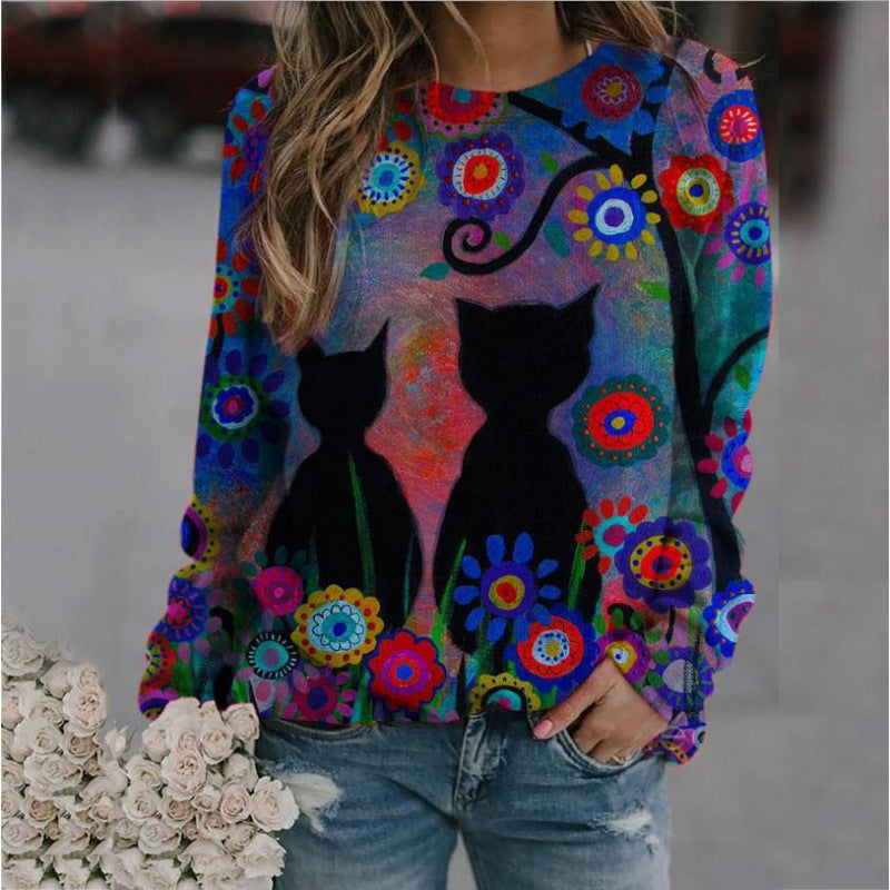 Women Oversized Sweatshirt with Artistic Cat Print and Floral Pattern Mune Fashion