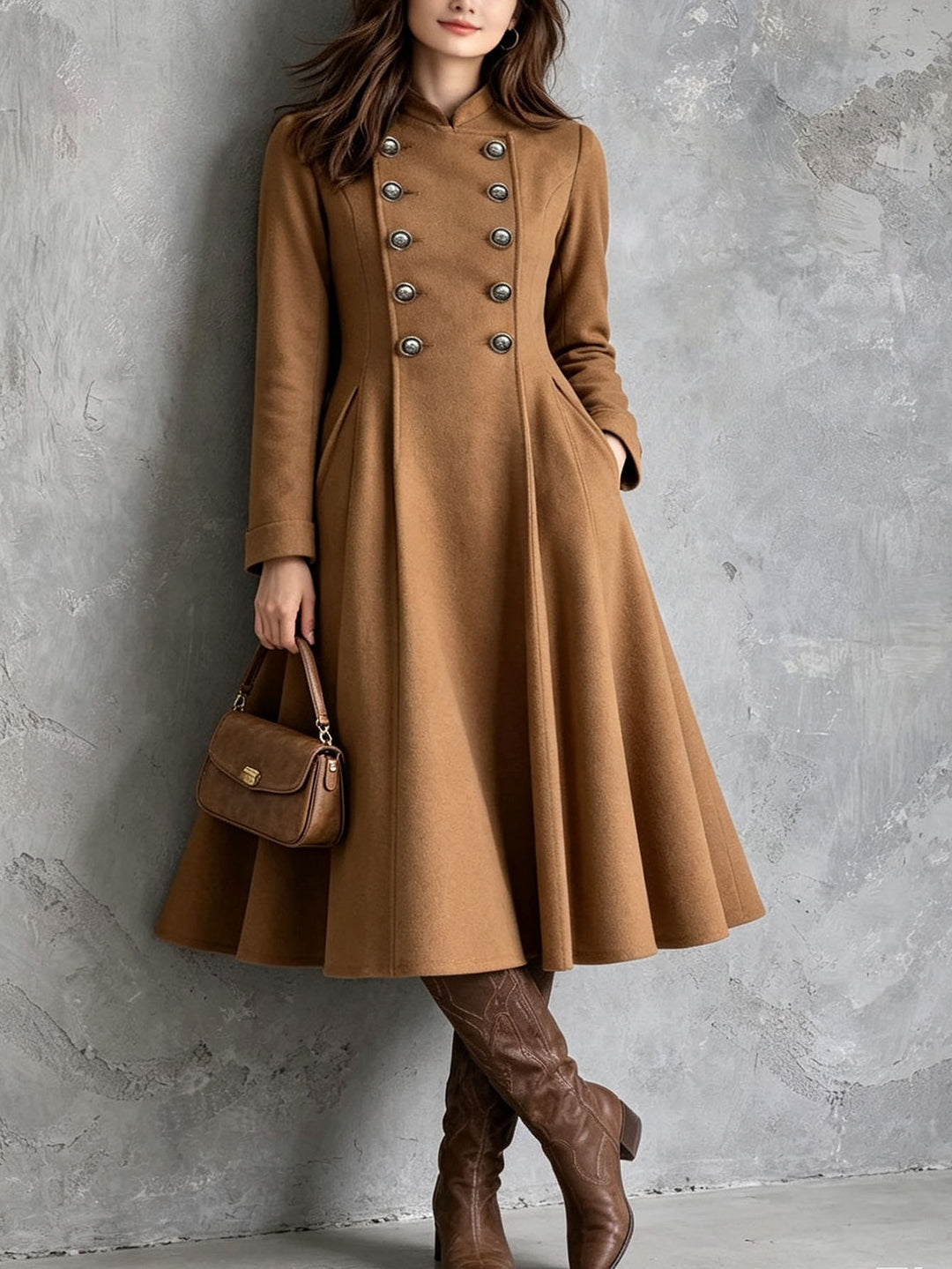 Women tailored coat dress with double-breasted button placket and flared skirt Mune Fashion