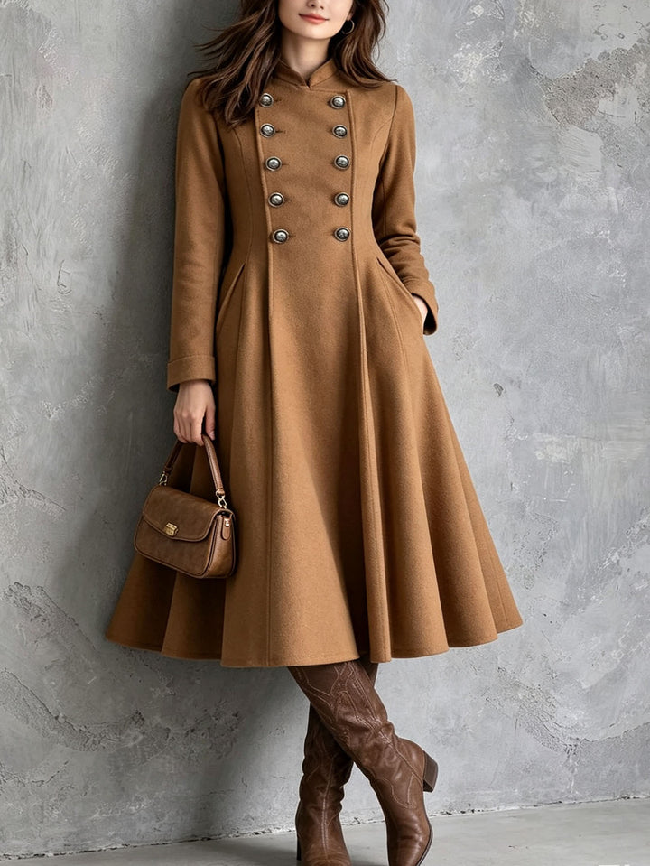 Women tailored coat dress with double-breasted button placket and flared skirt Mune Fashion