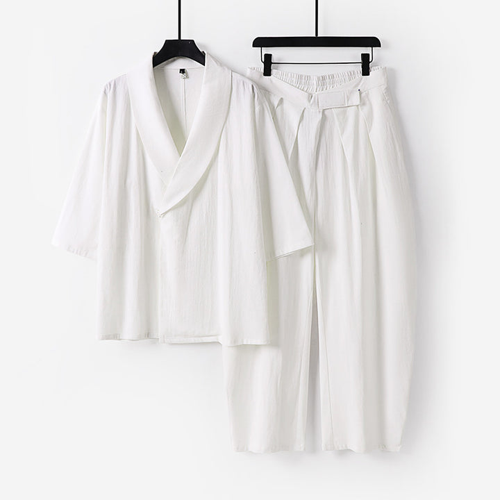 Women's Two-Piece Kimono Loungewear Set with Shawl Collar Short Sleeve Top and High-Waisted Pleated Pants Mune Fashion