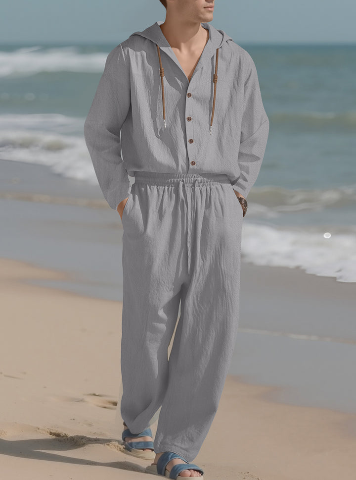 Men's casual hoodie shirt with continuous button placket, decorative drawstring, and relaxed fit Mune Fashion