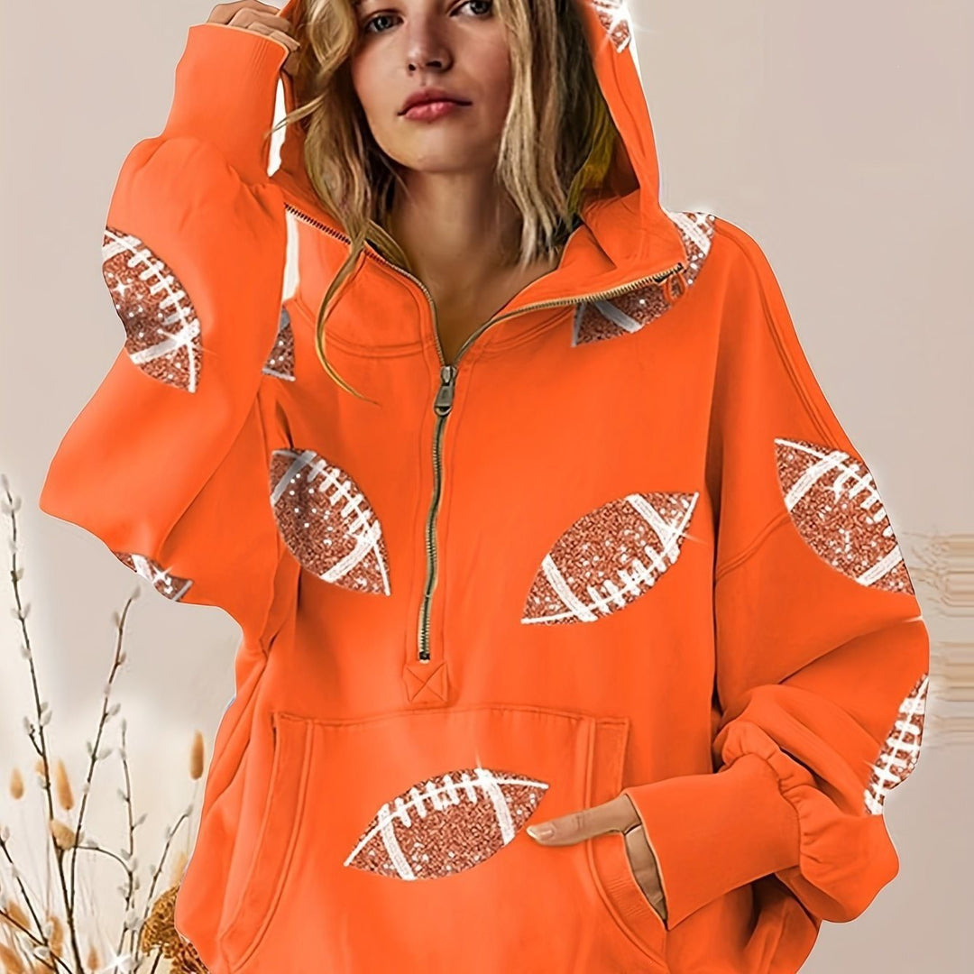 Women's Oversized Hoodie with Half Zipper and Sequin Football Application Mune Fashion