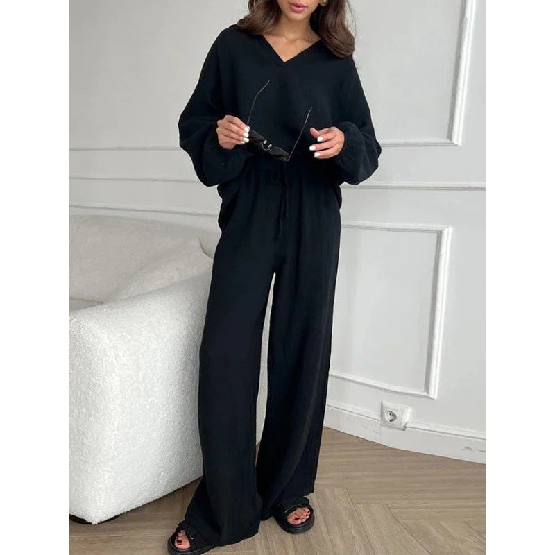 Women's Lightweight Crinkle Lounge Set with V-Neck and Wide High-Waist Pants Mune Fashion