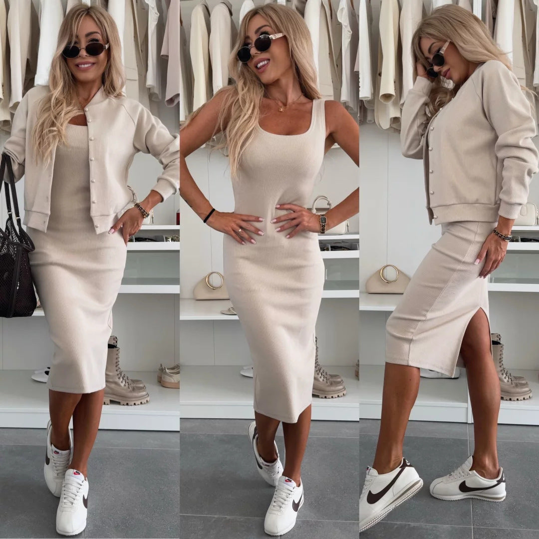 Women's fitted knitted midi dress with fine ribbed structure and short button jacket Mune Fashion