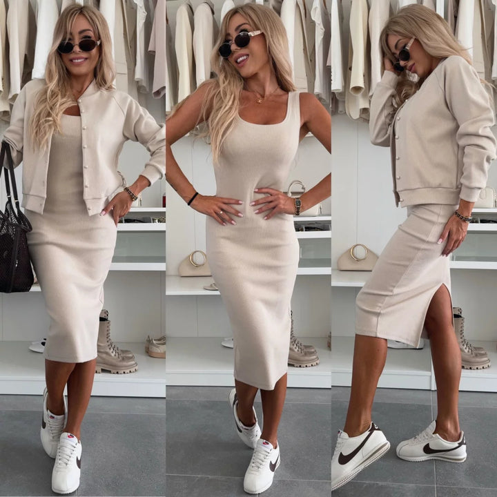 Women's fitted knitted midi dress with fine ribbed structure and short button jacket Mune Fashion