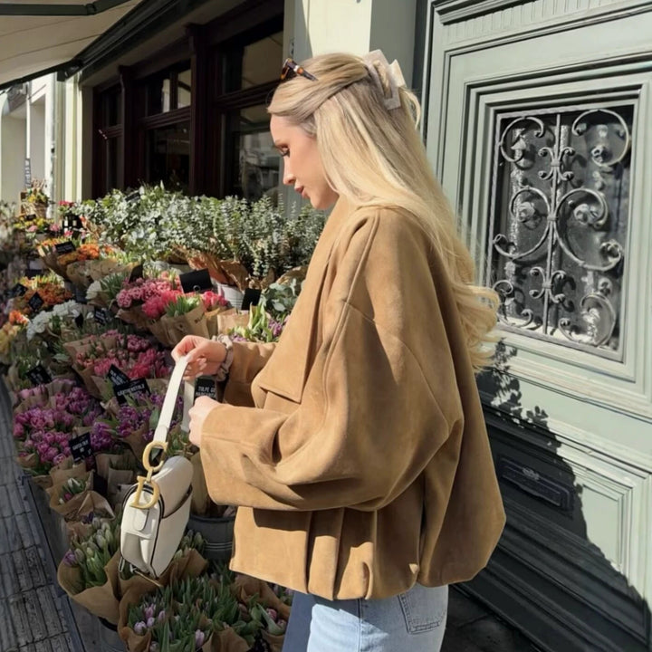 Women short cut oversized suede jacket with wide waterfall collar Mune Fashion