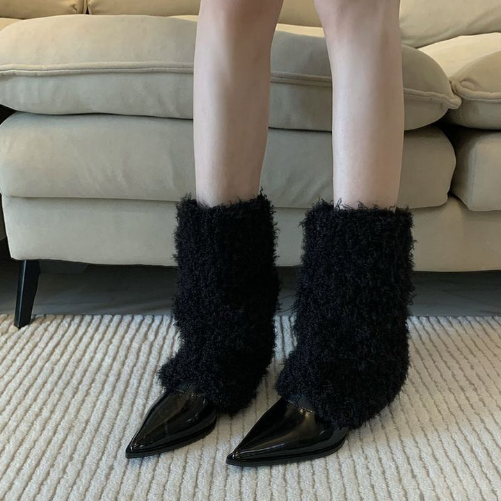 Women Fluffy Knee-High Boots with Pointed Patent Cap and Teddy Finish Mune Fashion