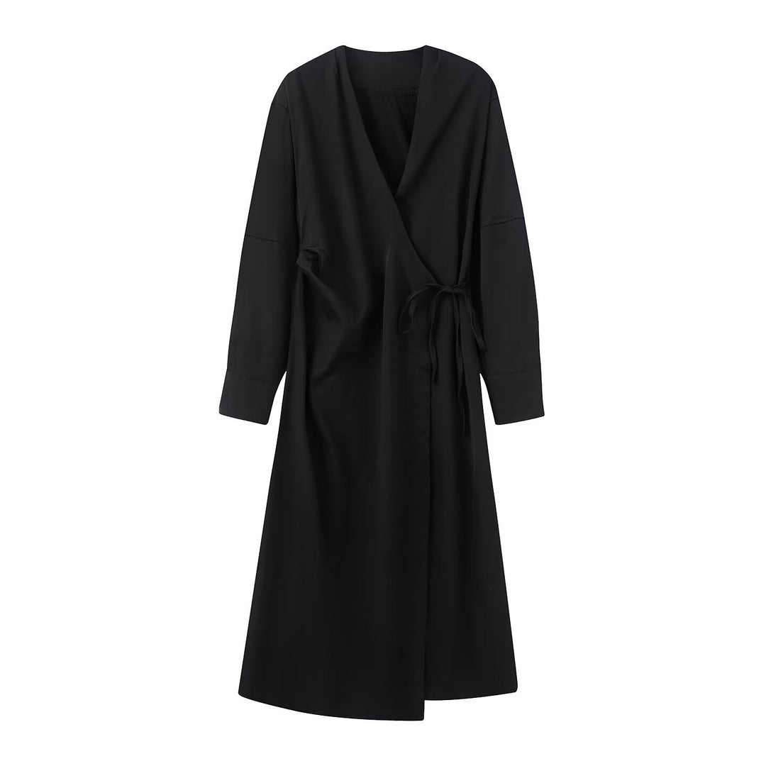 Women's Wrap Midi Dress with V-Neck and Tie Belt Mune Fashion