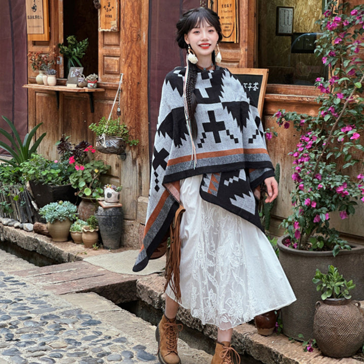 Women's Oversized Knit Cape with Aztec Jacquard, V-Neck and Soft Draping Hem Mune Fashion