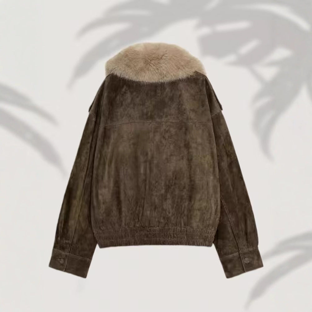 Women’s short-cut suede bomber jacket with luxurious fur collar Mune Fashion