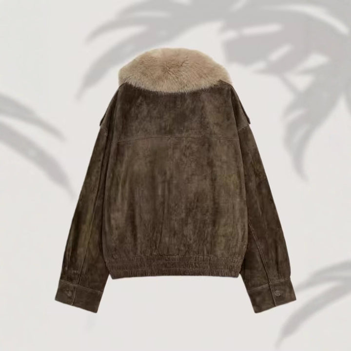 Women’s short-cut suede bomber jacket with luxurious fur collar Mune Fashion