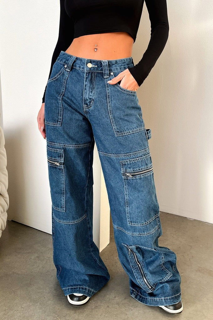 Women's Wide Cargo Jeans with Multiple Zipper Pockets and High Waist Mune Fashion