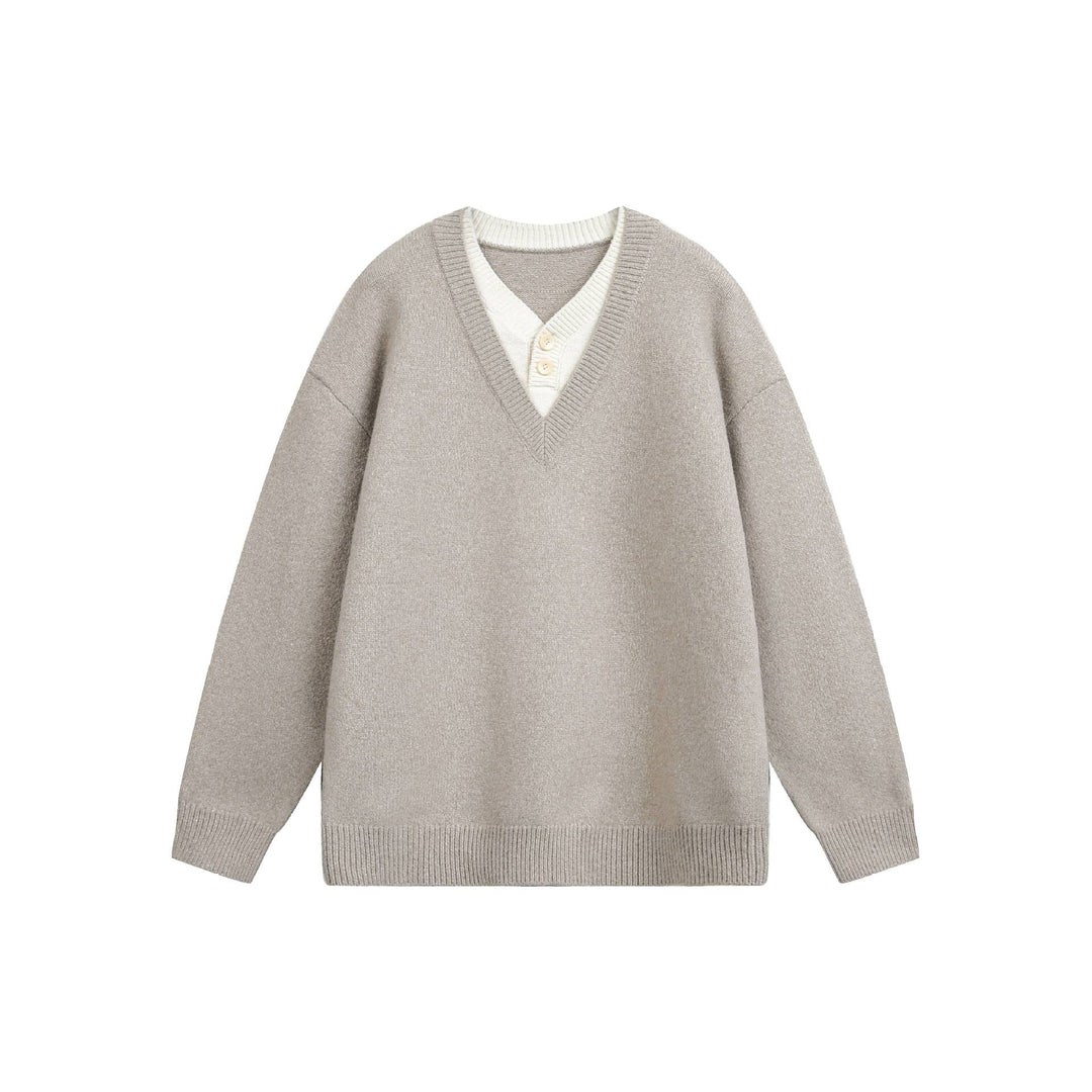 Women Oversize V Neck Knit Sweater with Henley Look and Ribbed Cuffs Mune Fashion