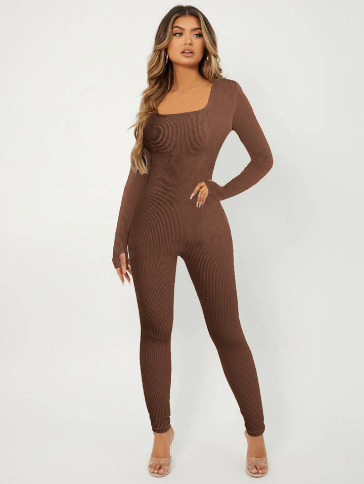 Women's Ribbed Skinny Jumpsuit with Square Neckline, Long Sleeves and Thumbhole Mune Fashion