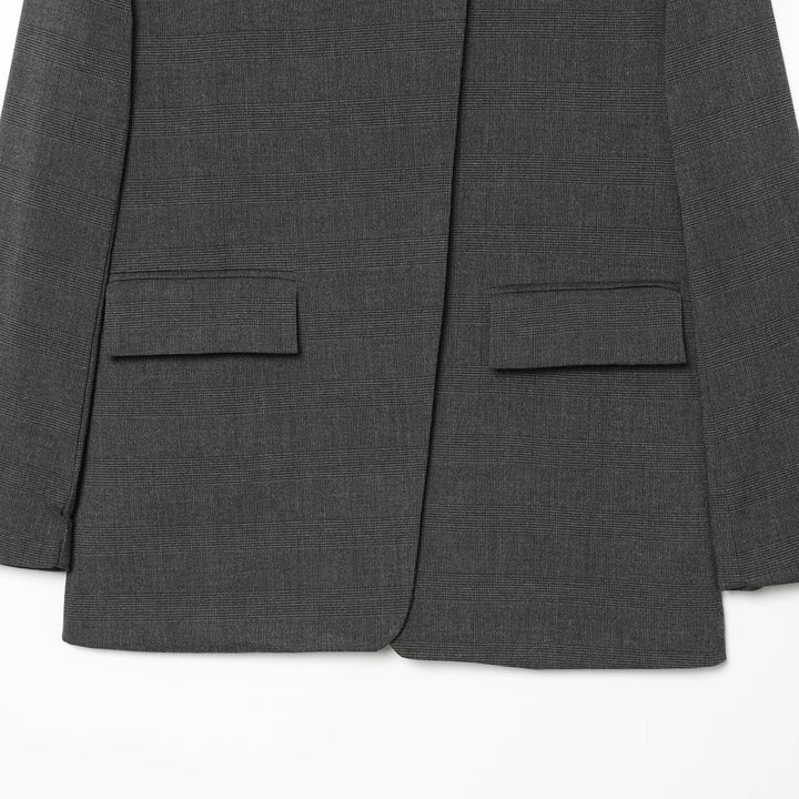 Women Checked Long Blazer with Stand Collar, Concealed Button Placket and Flap Pockets Mune Fashion