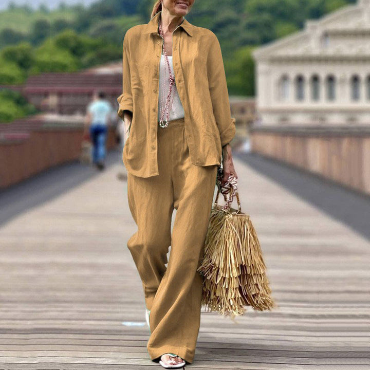 Women's Lightweight Linen Two-Piece Set with Loose Shirt Blouse and Wide High-Waist Pants Mune Fashion