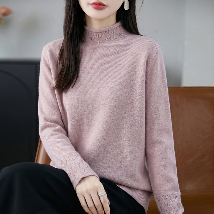 Women's Mockneck Fine Knit Sweater with Openwork Detail at Collar and Cuffs Mune Fashion
