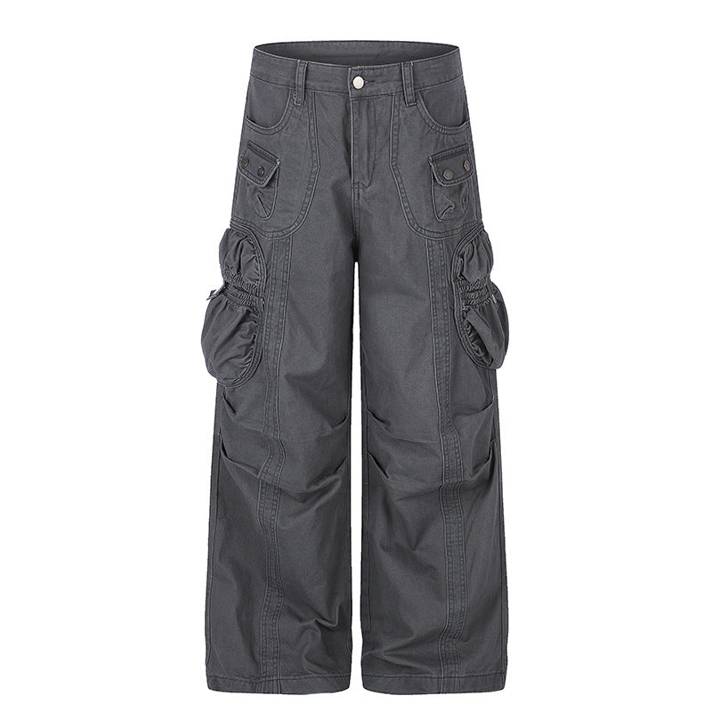 Women's wide utility cargo pants with gathered side pockets and decorative seams Mune Fashion