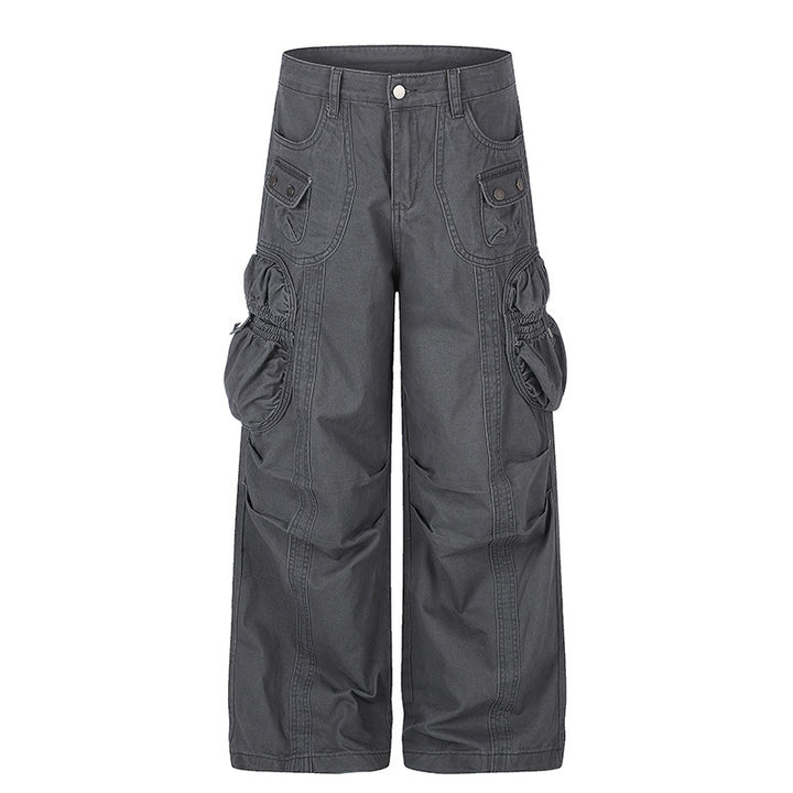 Women's wide utility cargo pants with gathered side pockets and decorative seams Mune Fashion