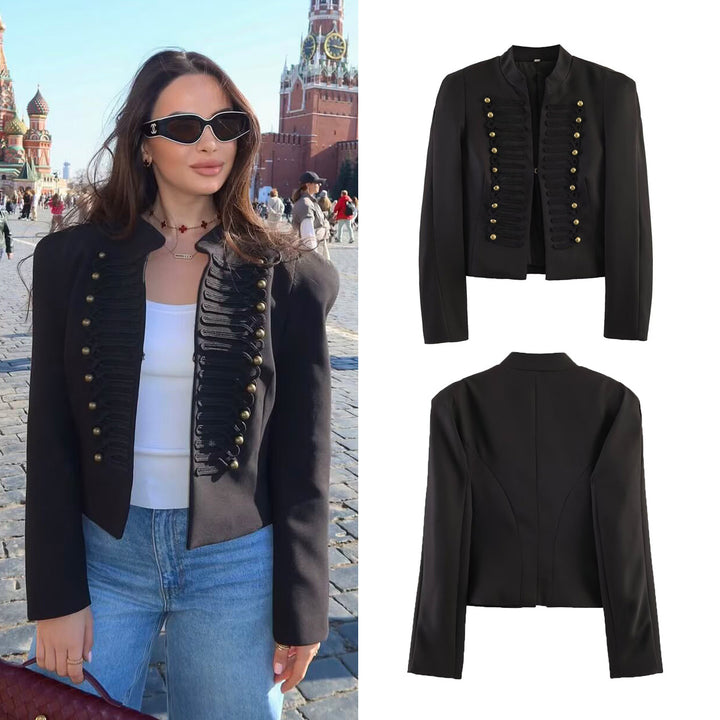 Women's short blazer in hussar style with stand-up collar and decorative galloon details Mune Fashion
