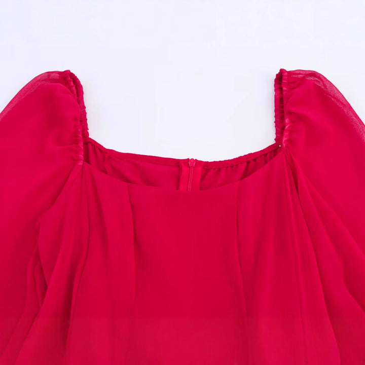 Ladies long evening dress with flared skirt, voluminous balloon sleeves and square neckline Mune Fashion