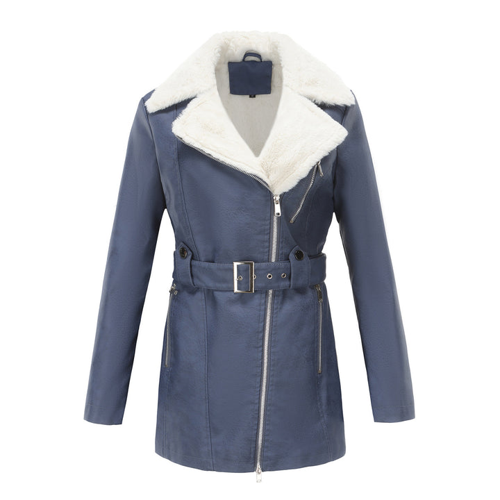 Ladies tailored coat in lambskin look with asymmetrical zipper and wide waist belt Mune Fashion