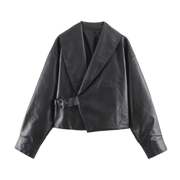 Women's Short Faux Leather Blouson with Oversized Shawl Collar and Waist Belt Drune