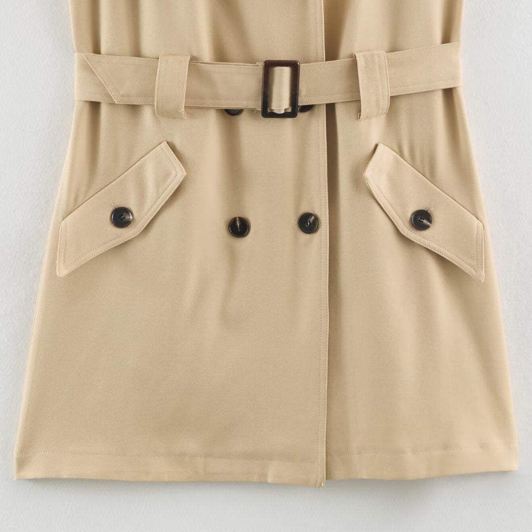 Women's Sleeveless Tailored Trench Dress with Tie Belt and Flap Pockets Mune Fashion