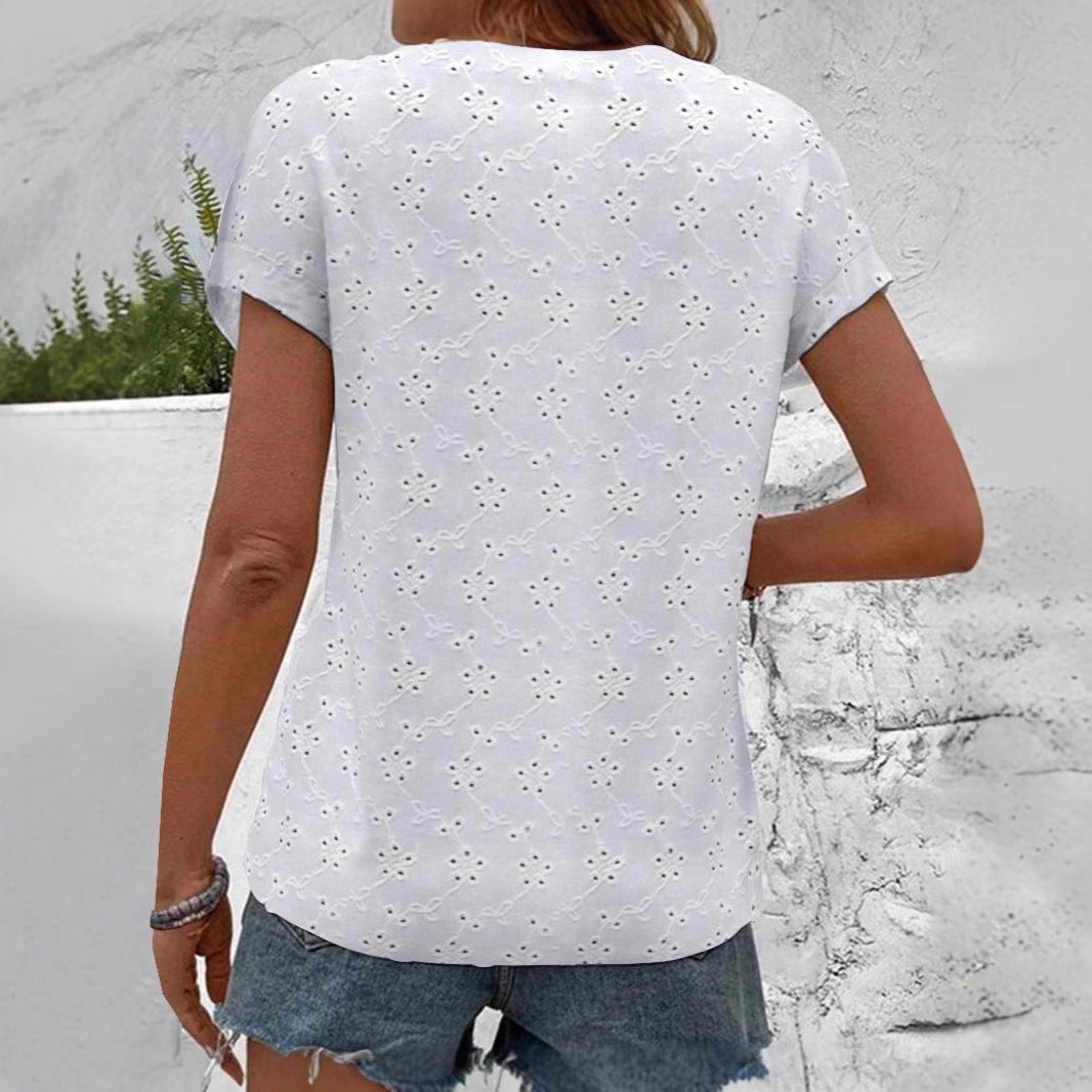 Women's light ajour lace blouse with V-neck, continuous button placket, and rolled short sleeves Mune Fashion