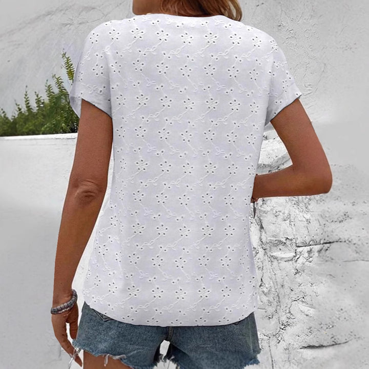 Women's light ajour lace blouse with V-neck, continuous button placket, and rolled short sleeves Mune Fashion