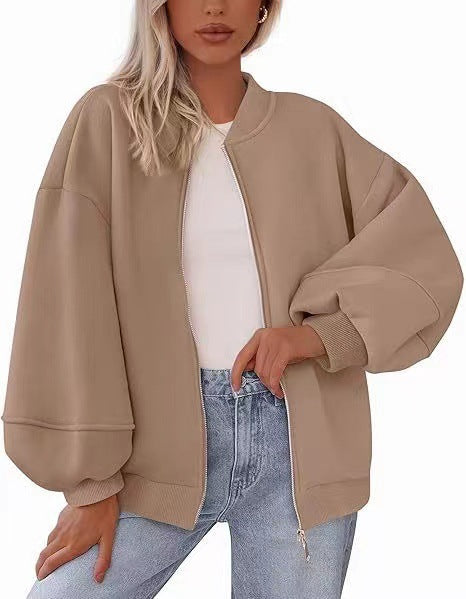 Women's Oversize Bomber Jacket with Balloon Sleeves and Zipper